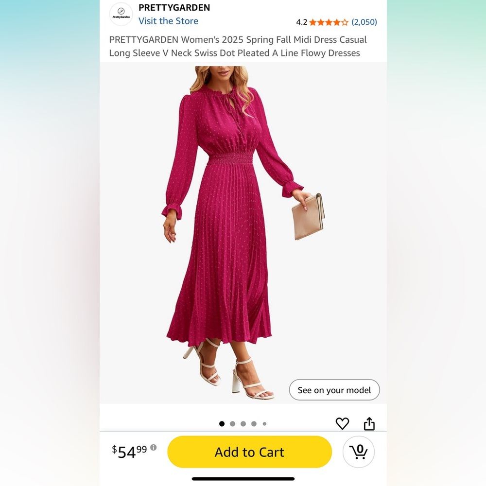 Women's Fuchsia Long Sleeve Pleated Midi Dress